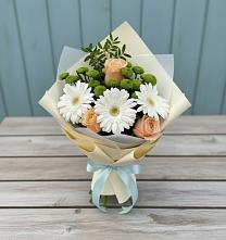 Букет герберы и розы в Чехове Букет цветов из:  Герберы, Розы и Хризантемы в Чехове