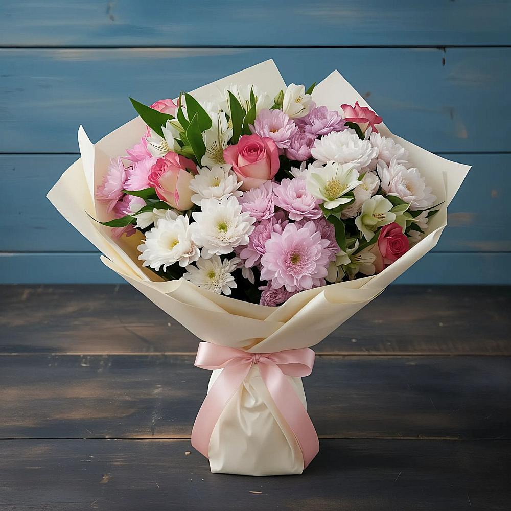 Букет цветов из: Хризантемы, Альстромерии и Розы в Чехове